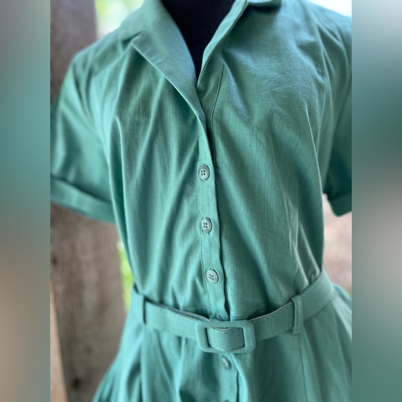 Colectif Vintage London Catalina Sea Green Swing House Dress Buttons Belt NWT - Picture 6 of 13